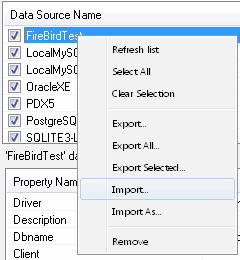 DTM ODBC manager context menu