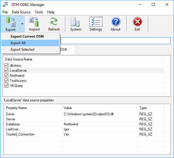 DTM ODBC Manager main window