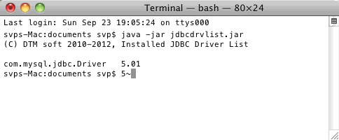 DTM JDBC Driver List sample output, Mac OS