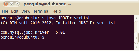 DTM JDBC Driver List sample output, Ubuntu