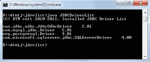 DTM JDBC Driver List sample output, Windows