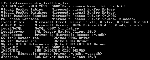 DTM ODBC Data Source Name List sample output