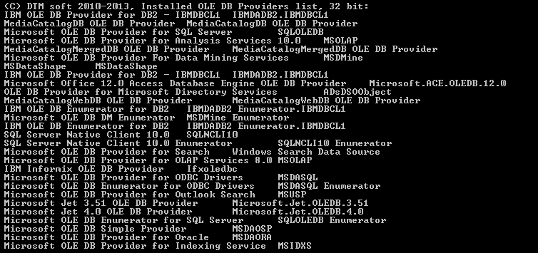 DTM OLE DB Provider List sample output