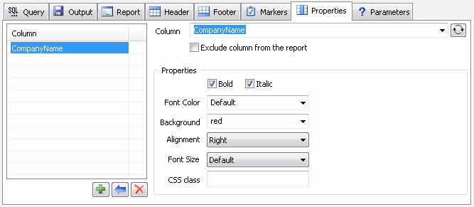 DTM Query Reporter: Column properties page
