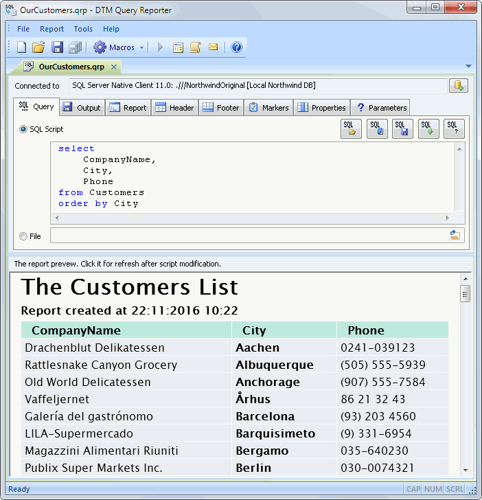 DTM Query Reporter: reporting tool main window