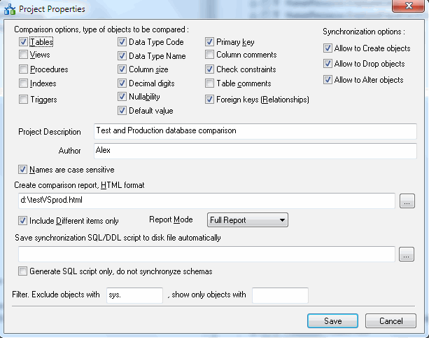 DTM Schema Comparer: comparison project properties