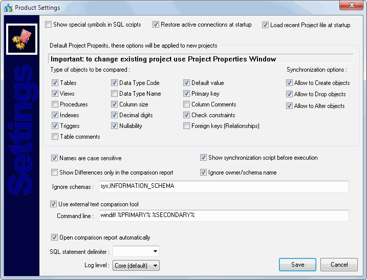 DTM Schema Comparer: Product Settings