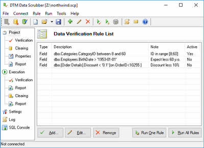 DTM Data Scrubber: database validation and cleaning utility main window
