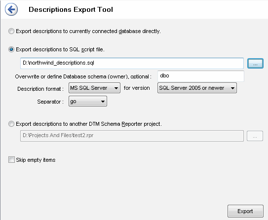 DTM Schema Reporter: Export descriptions tools