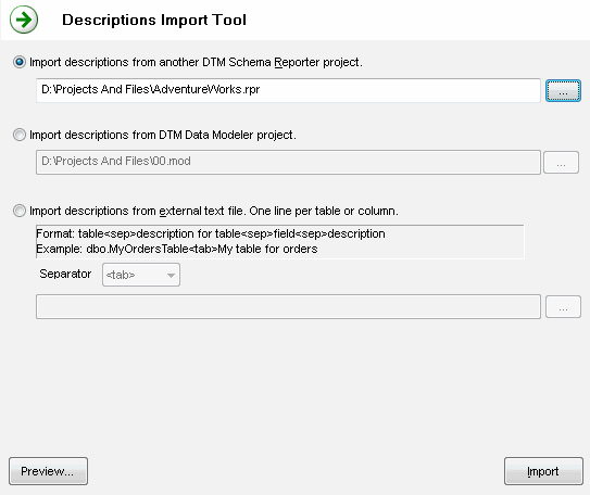 DTM Schema Reporter: Import descriptions tools