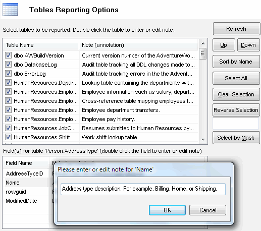 DTM Schema Reporter: table selection window