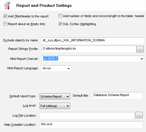 DTM Schema Reporter: reporting tool settings