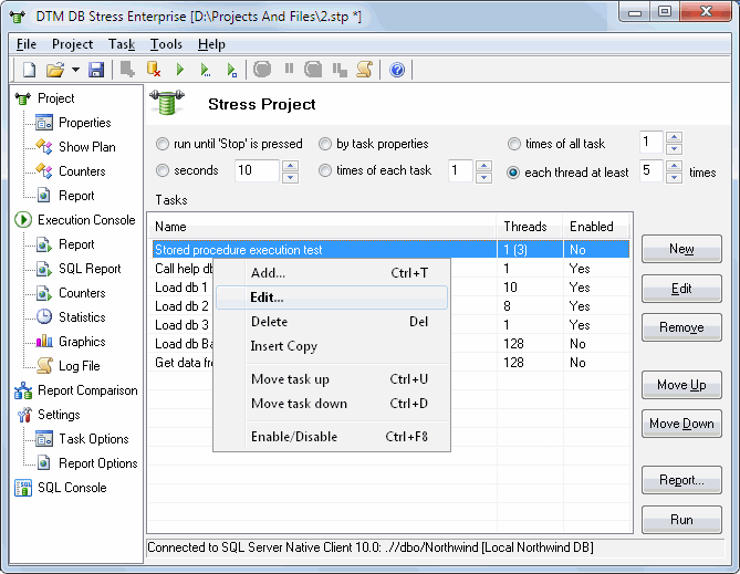 DTM DB Stress: Main Window, stress task list