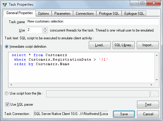 DTM DB Stress: General task properties Dialog